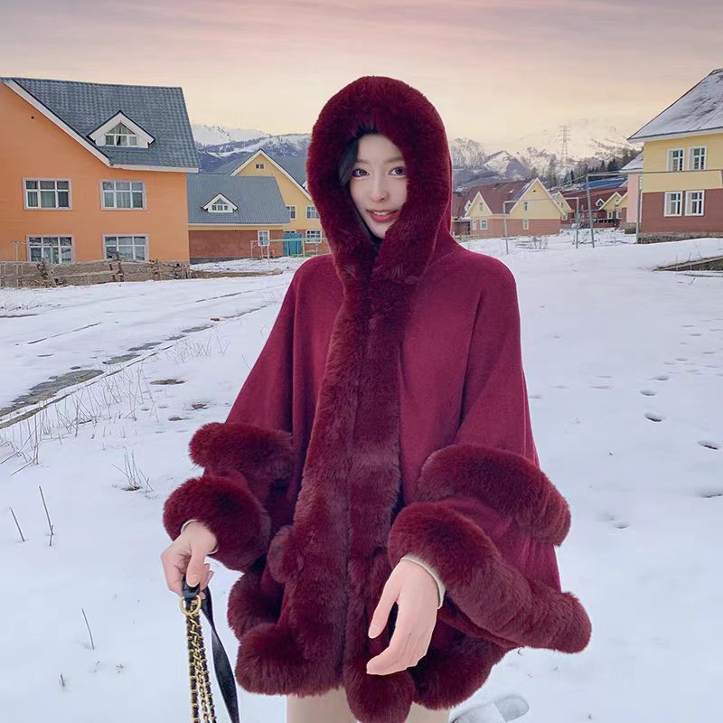 Loose Fur Collar Shawl, Cold-proof Fleece-lined Thick Coat