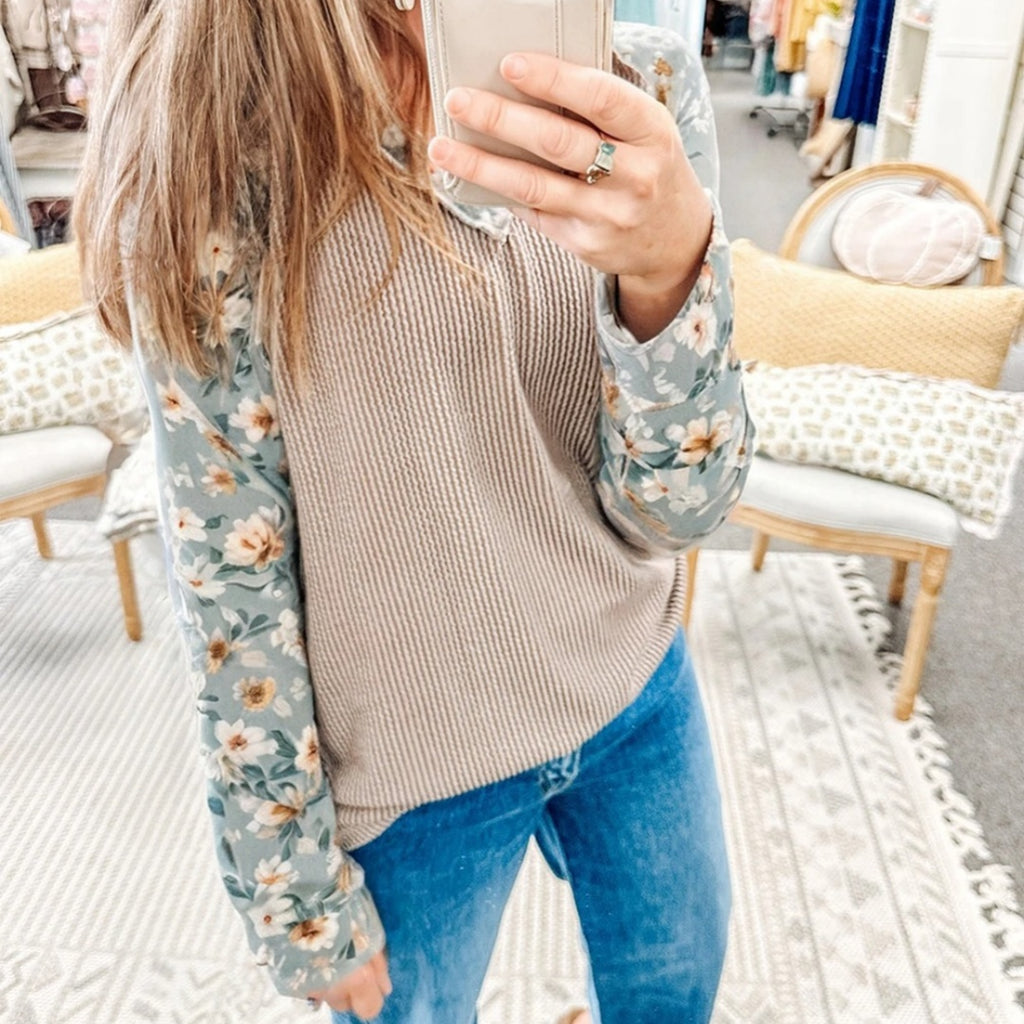 Parchment Twist Ribbed Floral Contrast Patchwork Long Sleeve Top