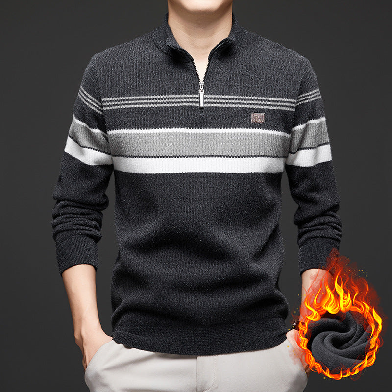 Men's Chenille Half-Zip Fleece- Lined Striped Pullover Sweater