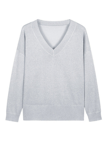 Casual Minimalist, Loose-fitting V-neck Knit Top For Women