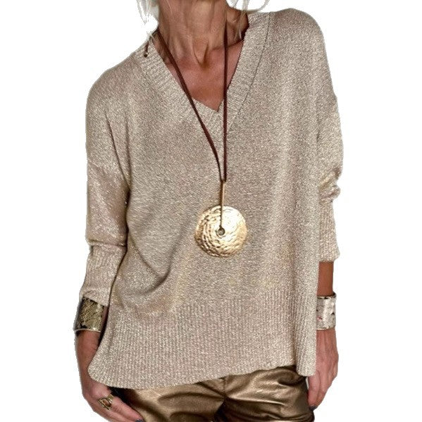 Casual Minimalist, Loose-fitting V-neck Knit Top For Women