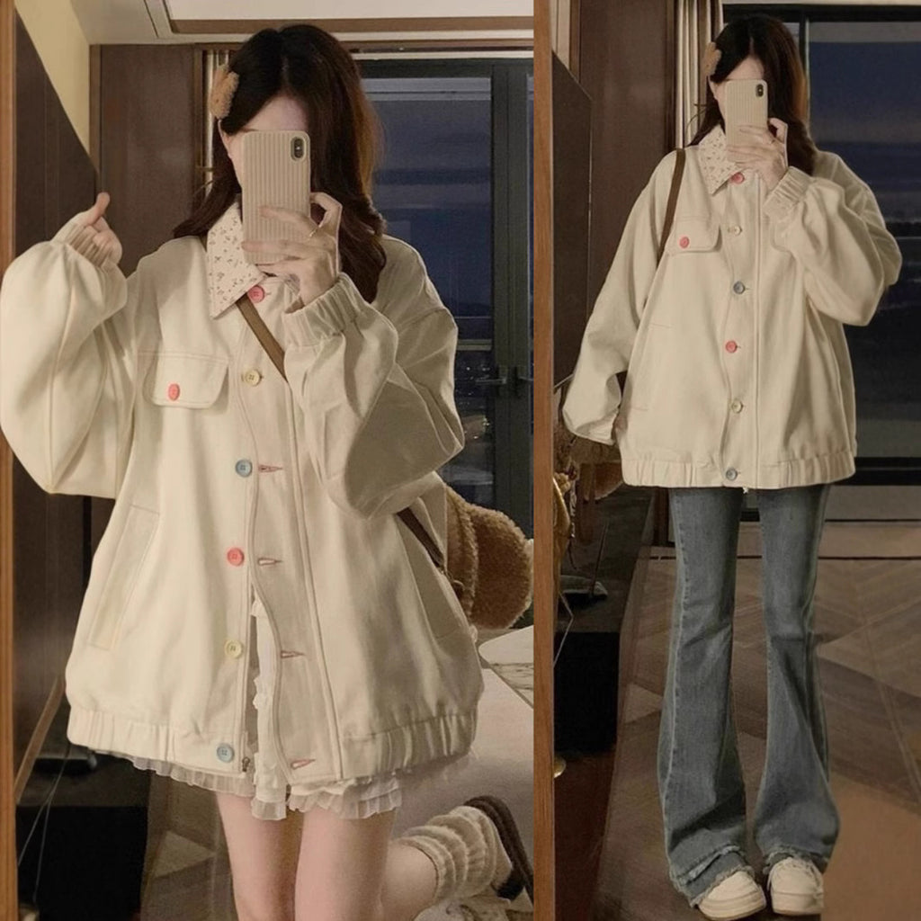 Spring And Autumn Women's Dopamine Sweet Niche Floral Lapel Jacket Coat