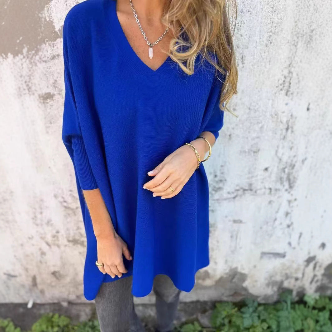 New Autumnwinter Women's Long-sleeve Knitted V-neck Loose-fitting Long Top