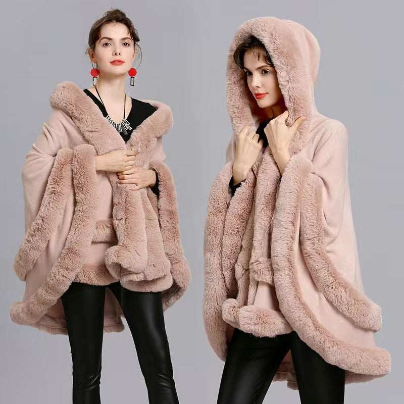 Loose Fur Collar Shawl, Cold-proof Fleece-lined Thick Coat