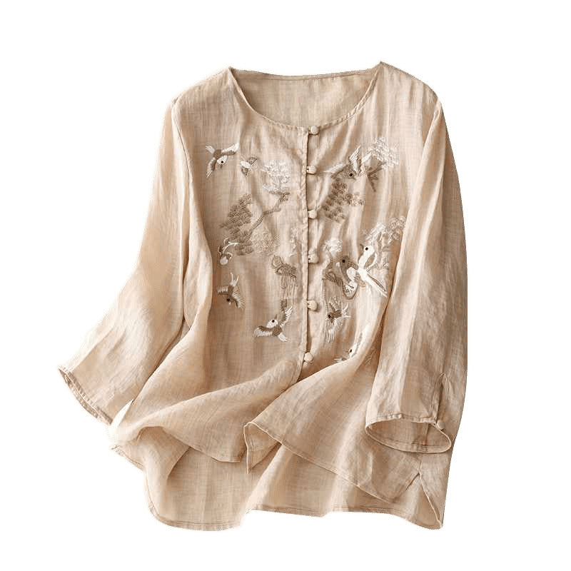 Women's Casual Embroidered Shirt Made Of Cotton And Linen