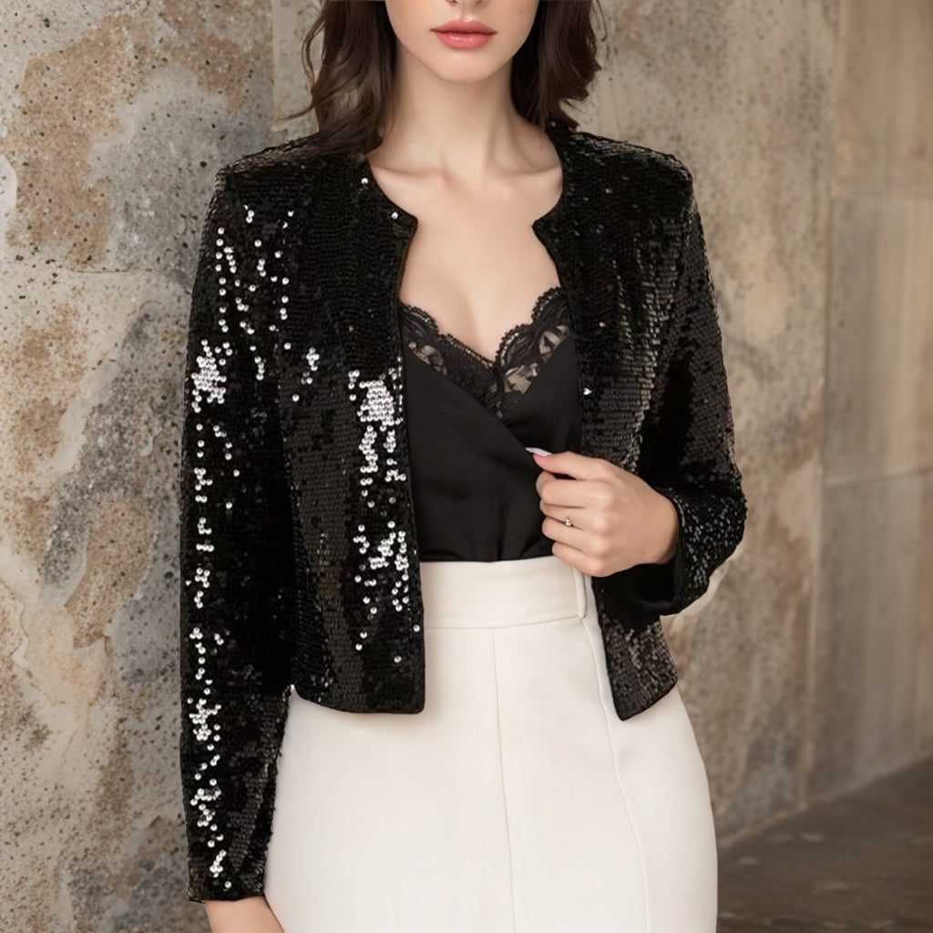 Crew-neck Long-sleeve Solid-color Cardigan Casual Sequin Jacket