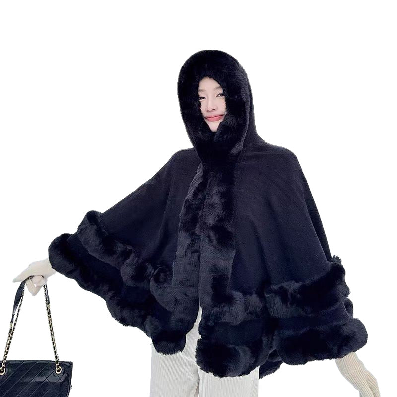 Loose Fur Collar Shawl, Cold-proof Fleece-lined Thick Coat