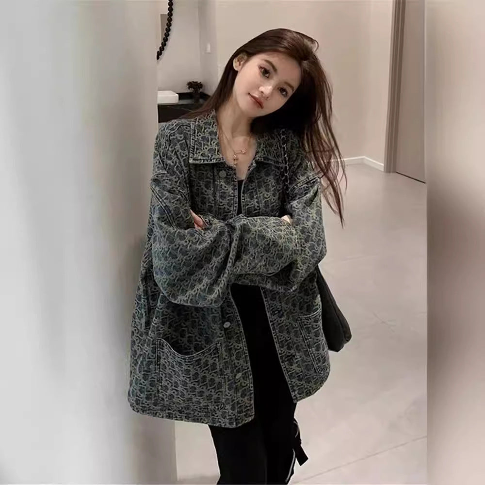 High Street Retro Denim Jacket For Women, Unique Design, Versatile Printed Jacket