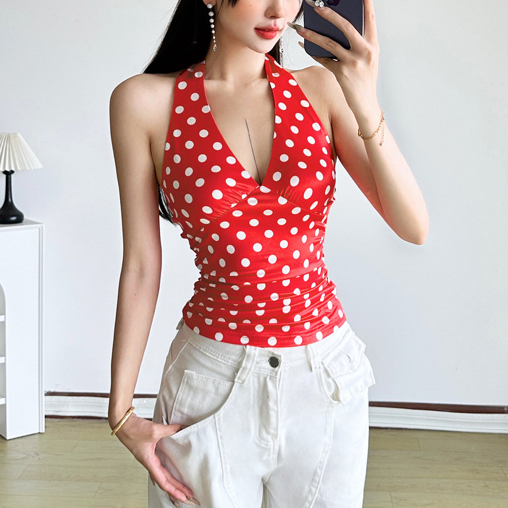 Sexy Black Polka-Dot Printed All-Match Backless V-Neck Halter Neck Bodycon Tank Top