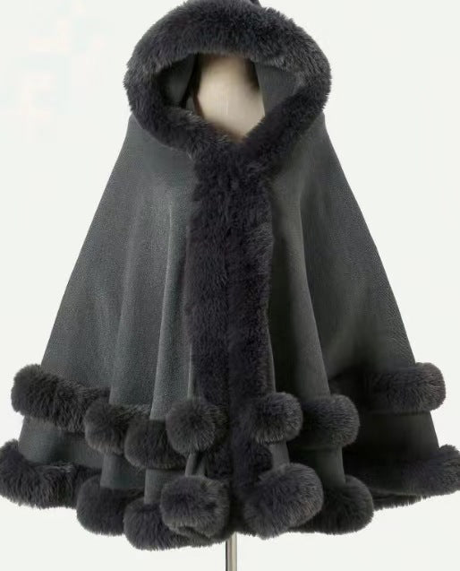 Loose Fur Collar Shawl, Cold-proof Fleece-lined Thick Coat