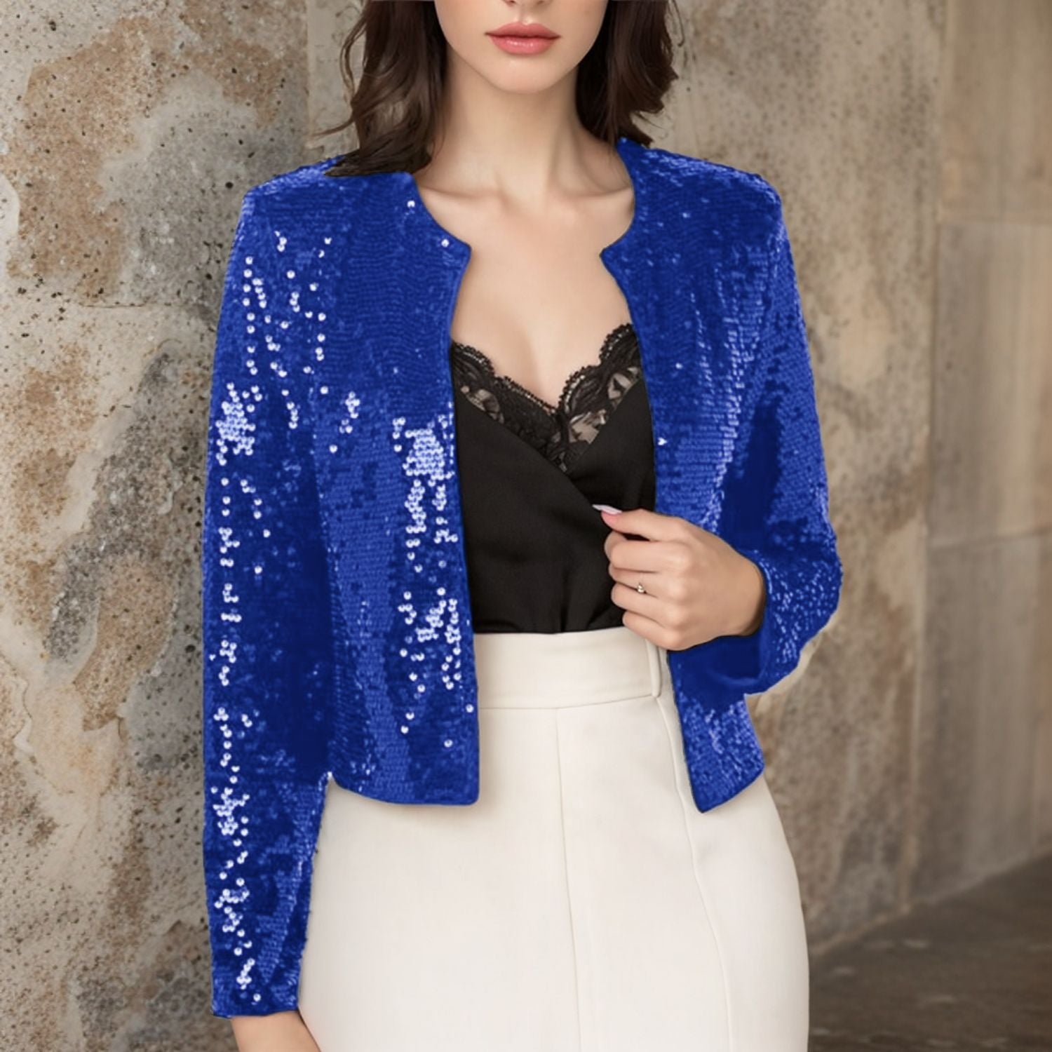 Crew-neck Long-sleeve Solid-color Cardigan Casual Sequin Jacket