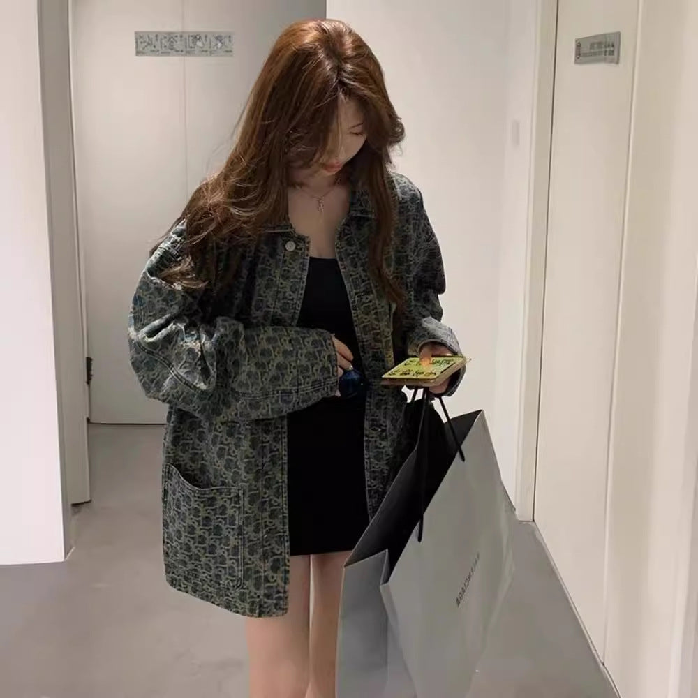 High Street Retro Denim Jacket For Women, Unique Design, Versatile Printed Jacket