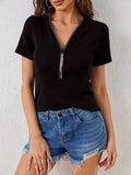V-neck Rhinestone Pendant Zip-up Solid-color Short-sleeve T-shirt Figure-flattering Top