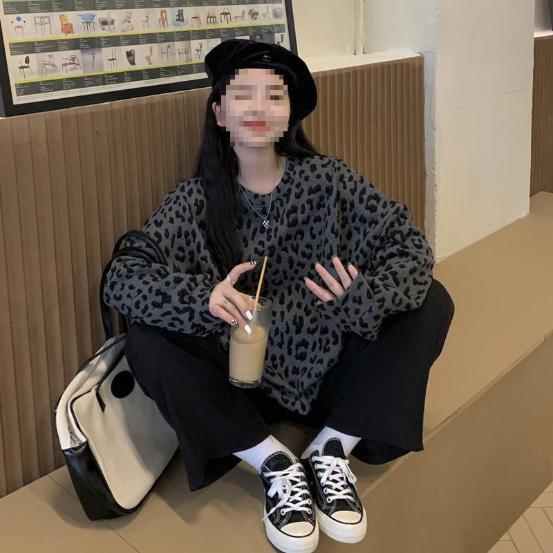 Women's Leopard-print Crewneck Fleece-lined Hoodie