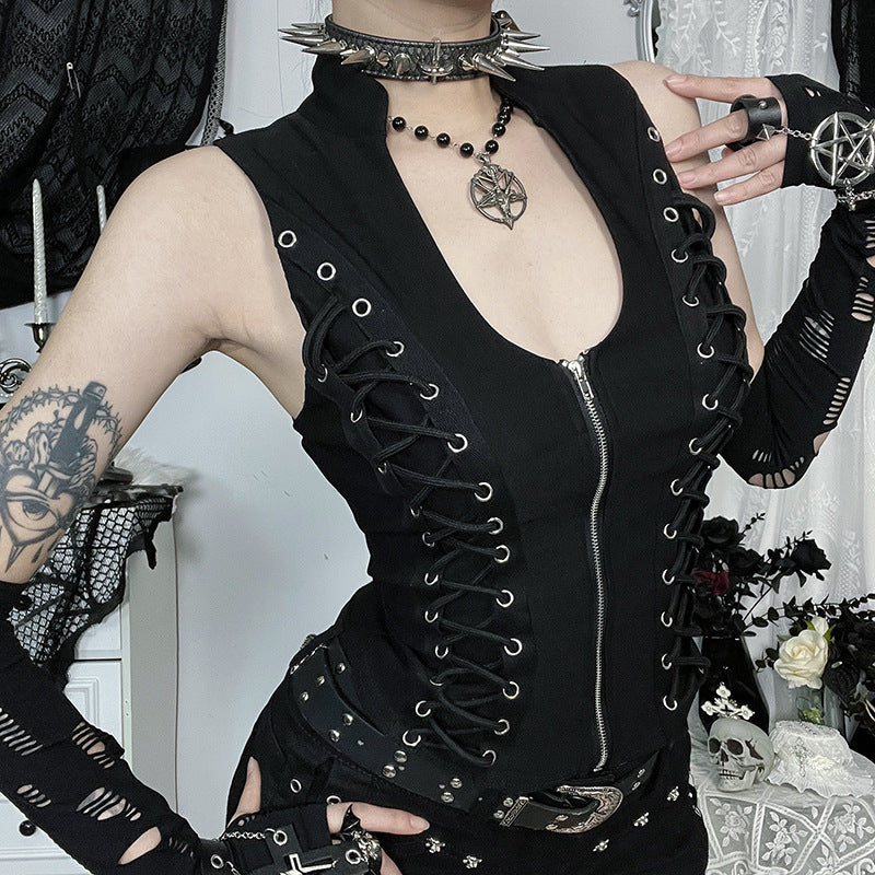 Stylish Dark Gothic-style Strappy Waist-cinching Vest With Zipper