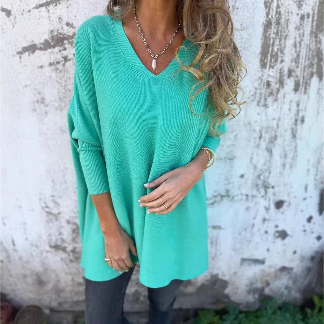 New Autumnwinter Women's Long-sleeve Knitted V-neck Loose-fitting Long Top
