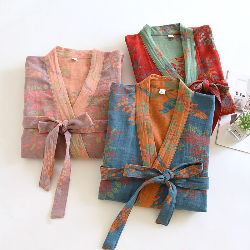 Women's SpringSummer Jacquard Woven Pure Cotton Double-Layer Gauze Nightgown