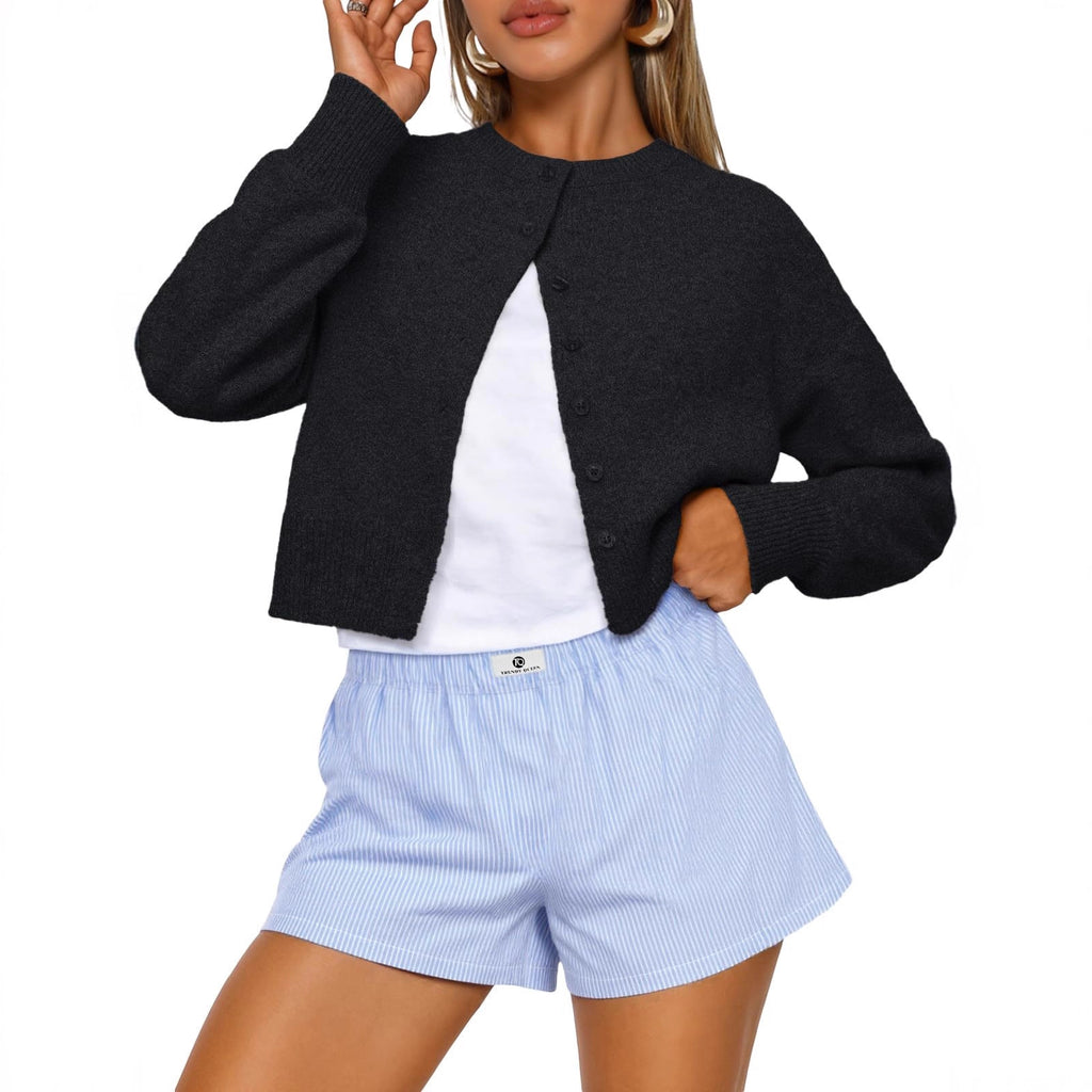 Buttoned Long-sleeve Crew-neck Solid-color Cropped Knit Sweater