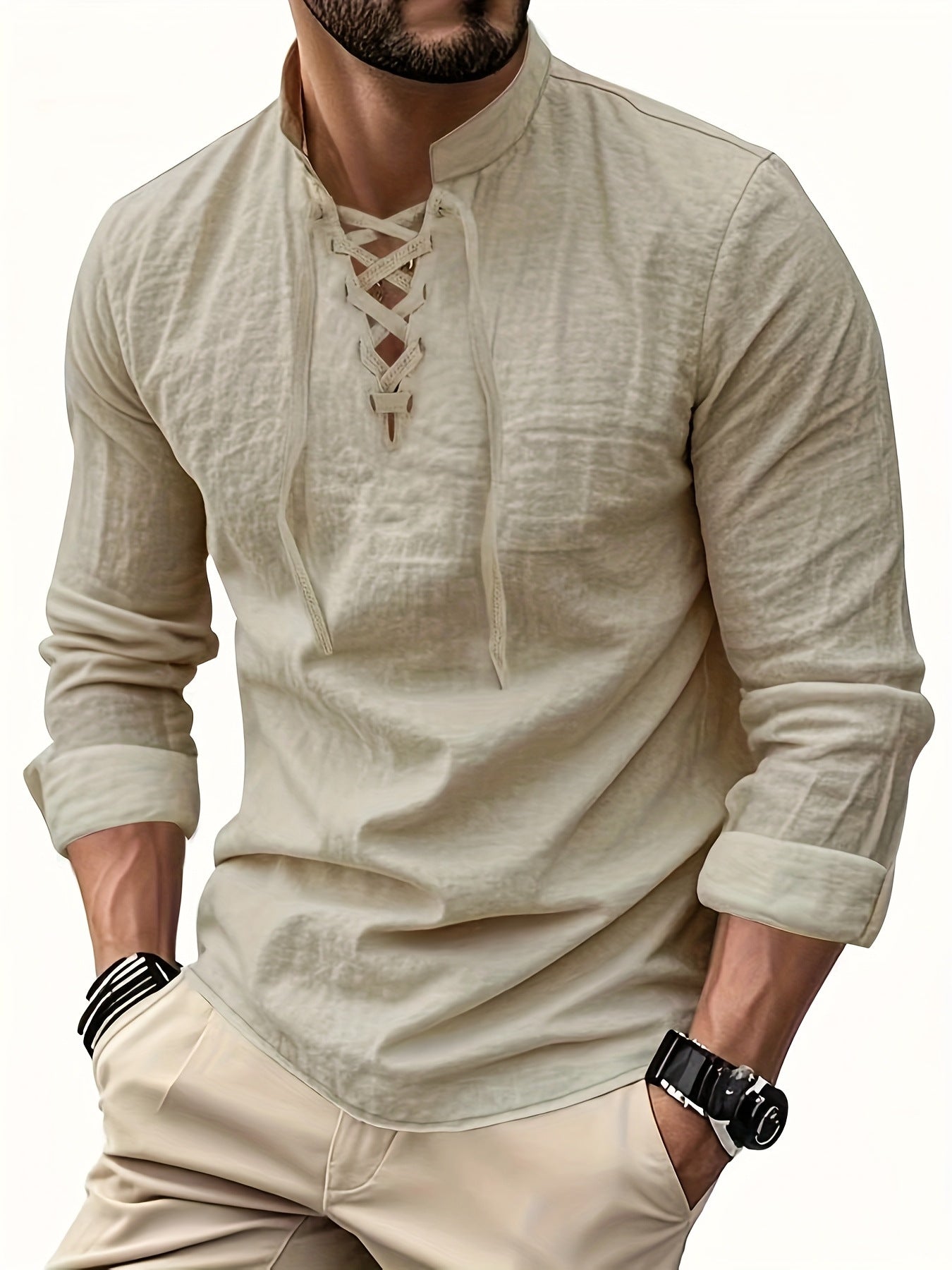 Long-sleeve Cotton-linen Open-chest Drawstring Shirt Men's Shirt Polo Shirt