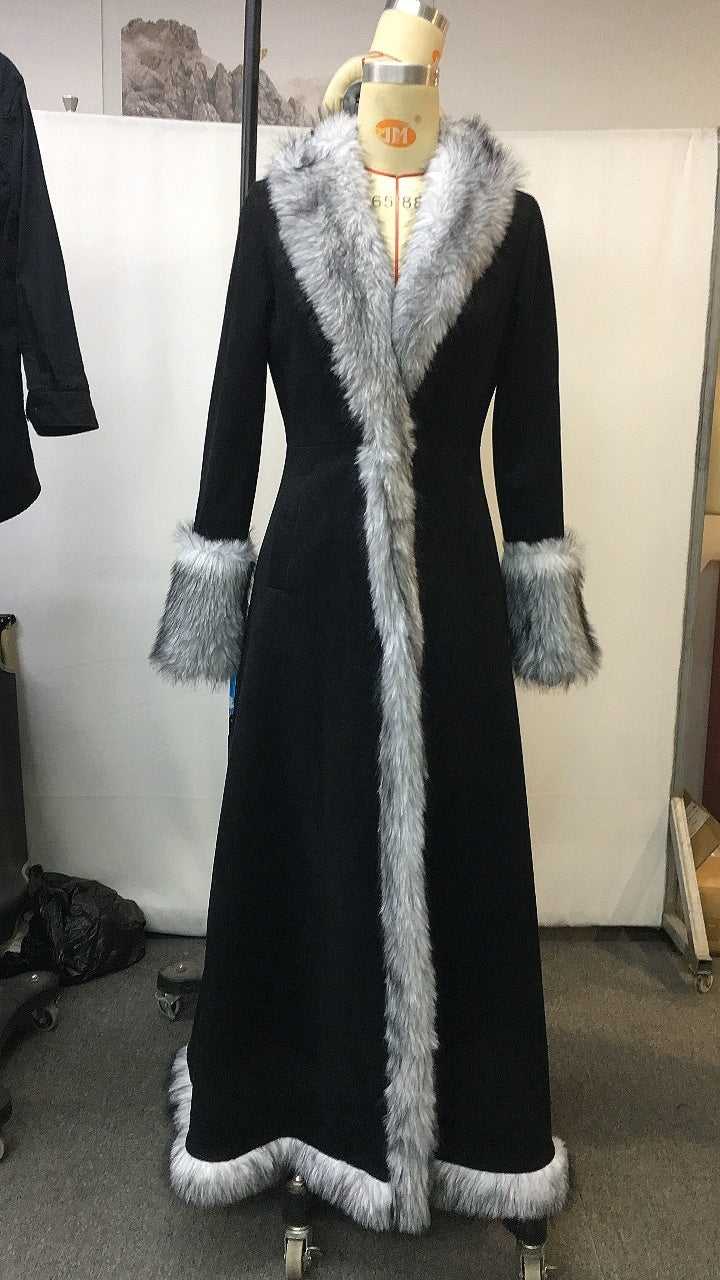 Winter Women's Retro Black Ethnic Style Faux Fur Trim Suede Long Coat