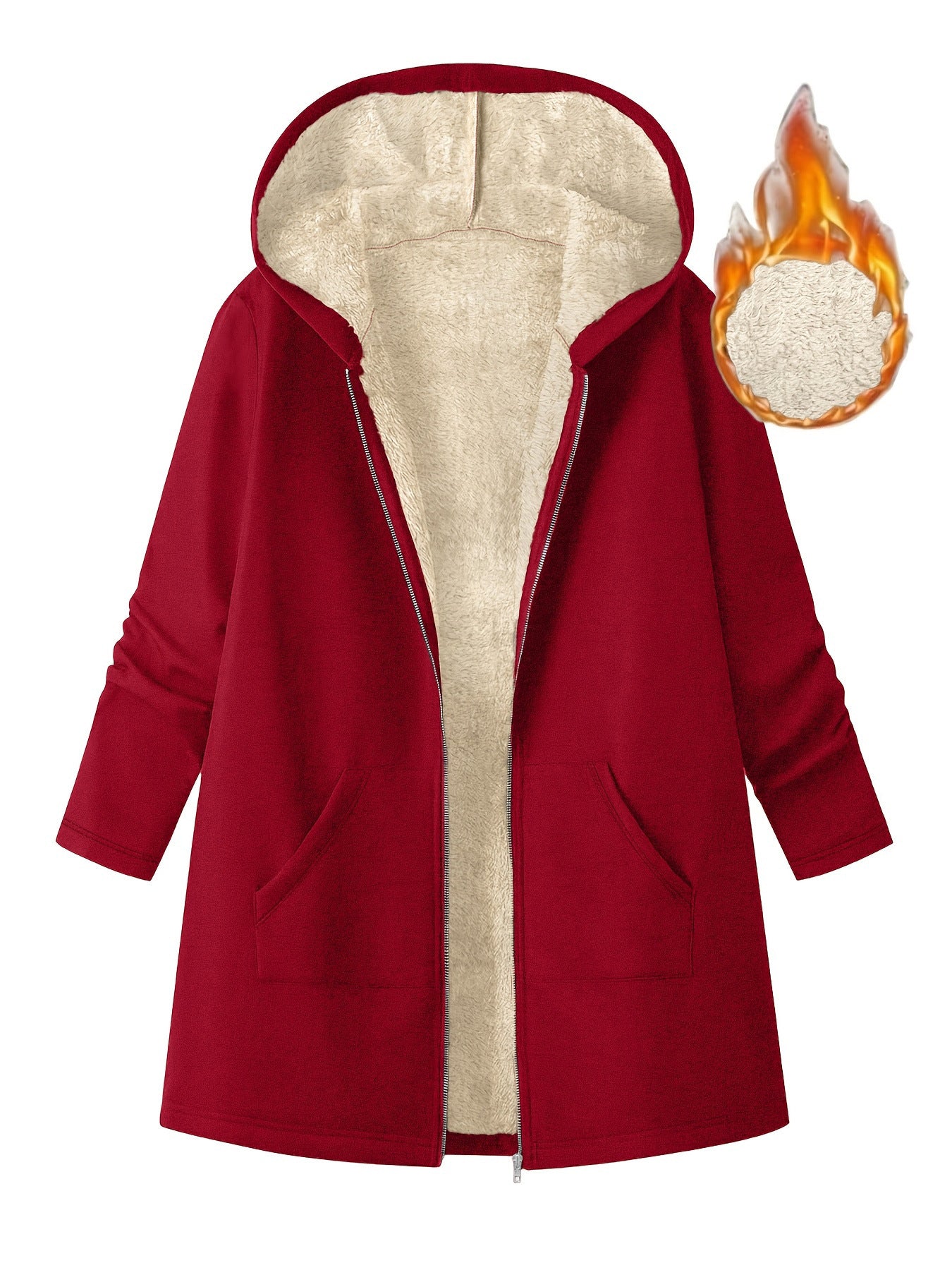 Women's Solid Color Fleece Lined Mid Length Hooded Coat