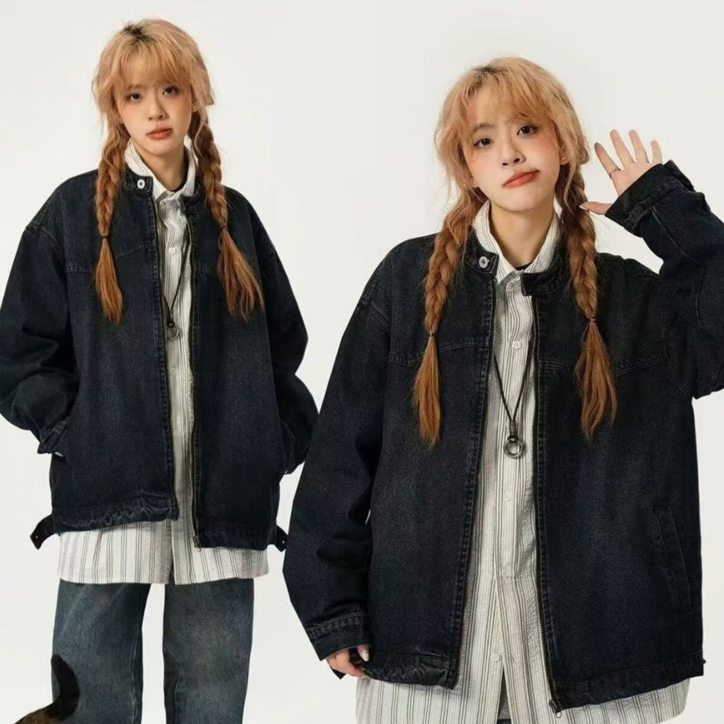 Women's Denim Jacket Spring And Autumn Style Washed Distressed Stand-collar Workwear