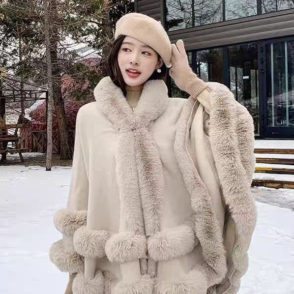 Loose Fur Collar Shawl, Cold-proof Fleece-lined Thick Coat
