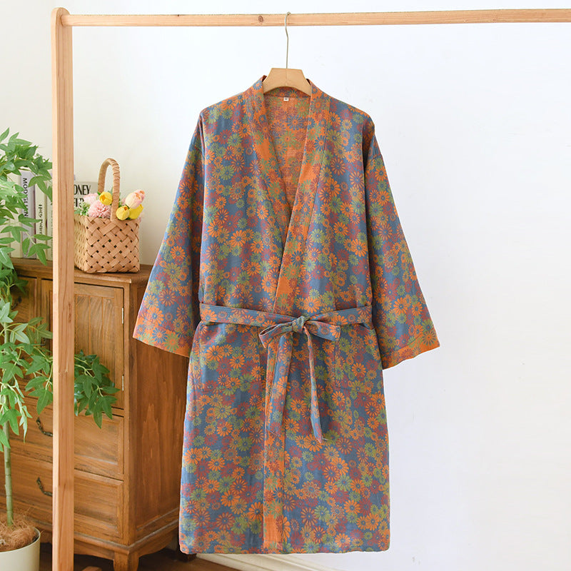 Women's SpringSummer Jacquard Woven Pure Cotton Double-Layer Gauze Nightgown