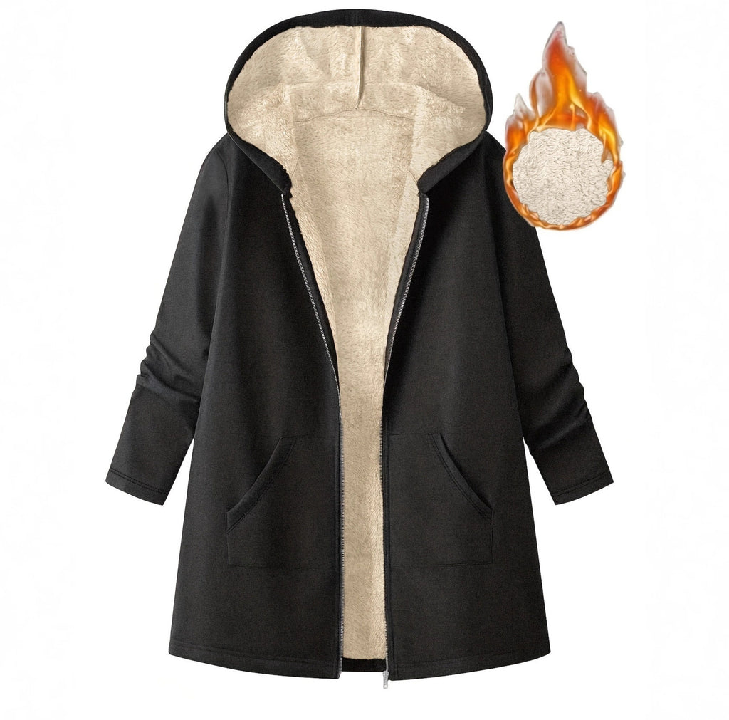 Women's Solid Color Fleece Lined Mid Length Hooded Coat