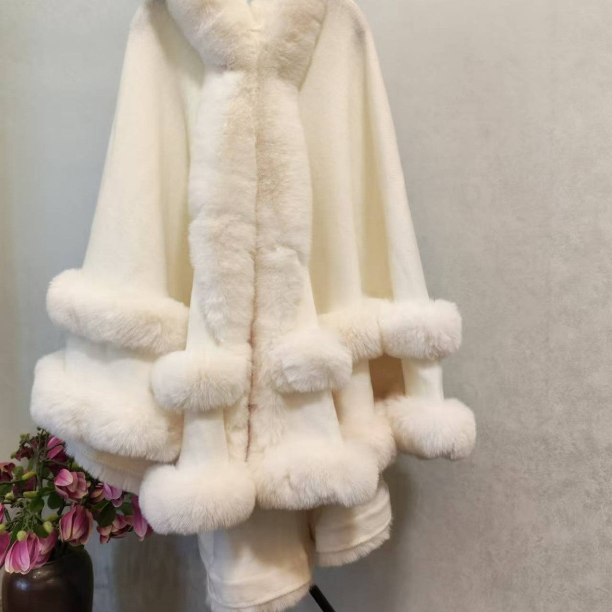 Loose Fur Collar Shawl, Cold-proof Fleece-lined Thick Coat