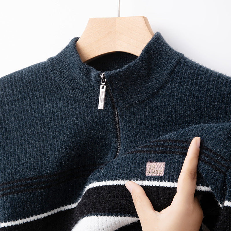 Men's Chenille Half-Zip Fleece- Lined Striped Pullover Sweater