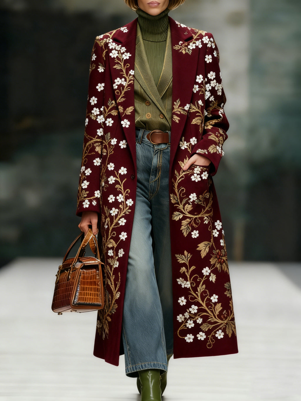Casual Lapel Floral Embroidered Wool Coat