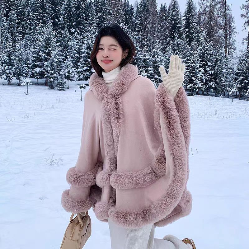 Loose Fur Collar Shawl, Cold-proof Fleece-lined Thick Coat