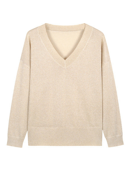 Casual Minimalist, Loose-fitting V-neck Knit Top For Women