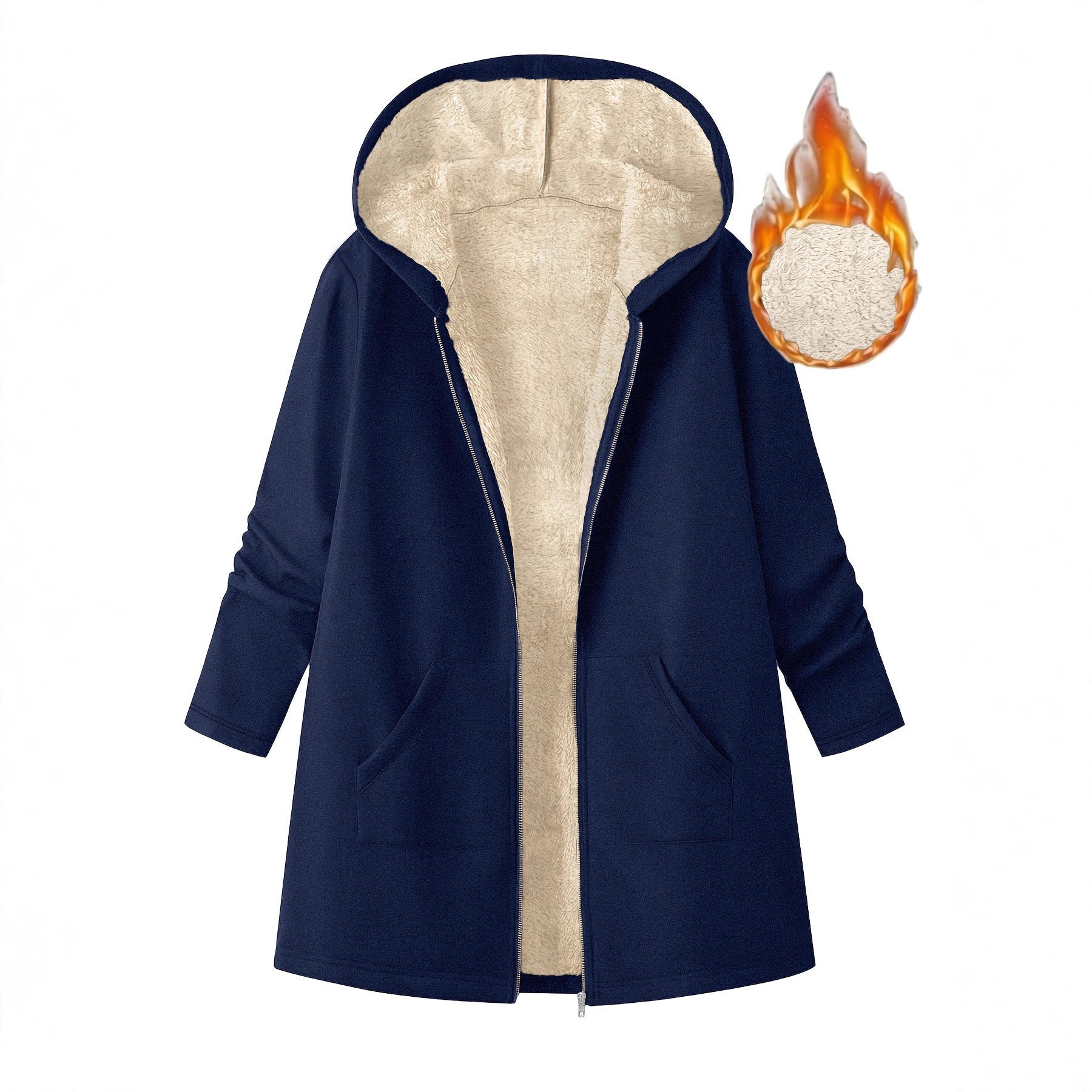 Women's Solid Color Fleece Lined Mid Length Hooded Coat