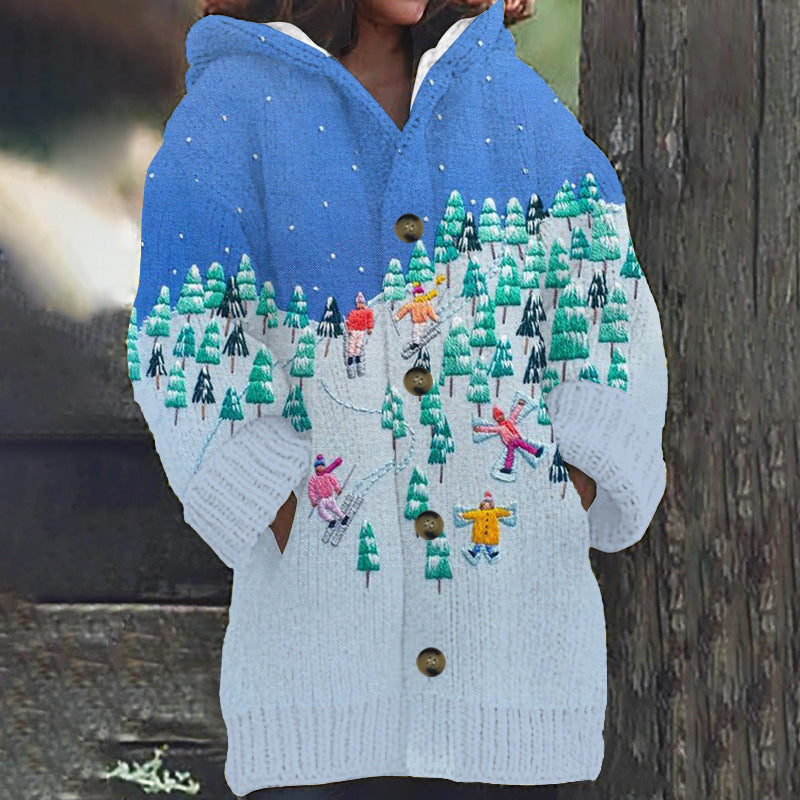 Women's Faux Wool Sweater Loosefit Jacquard Hooded Jacket