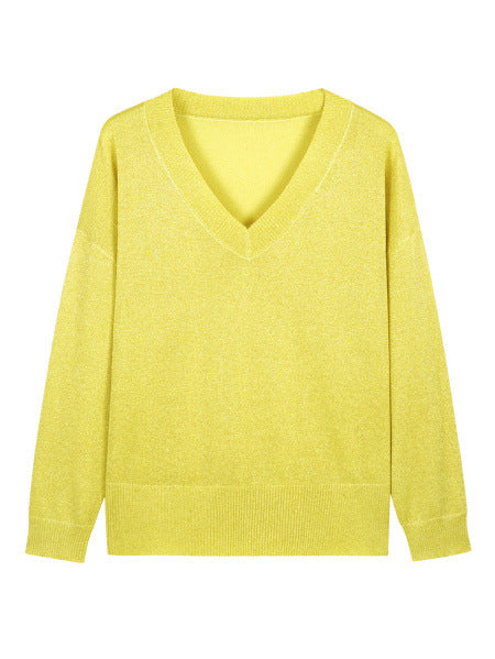 Casual Minimalist, Loose-fitting V-neck Knit Top For Women