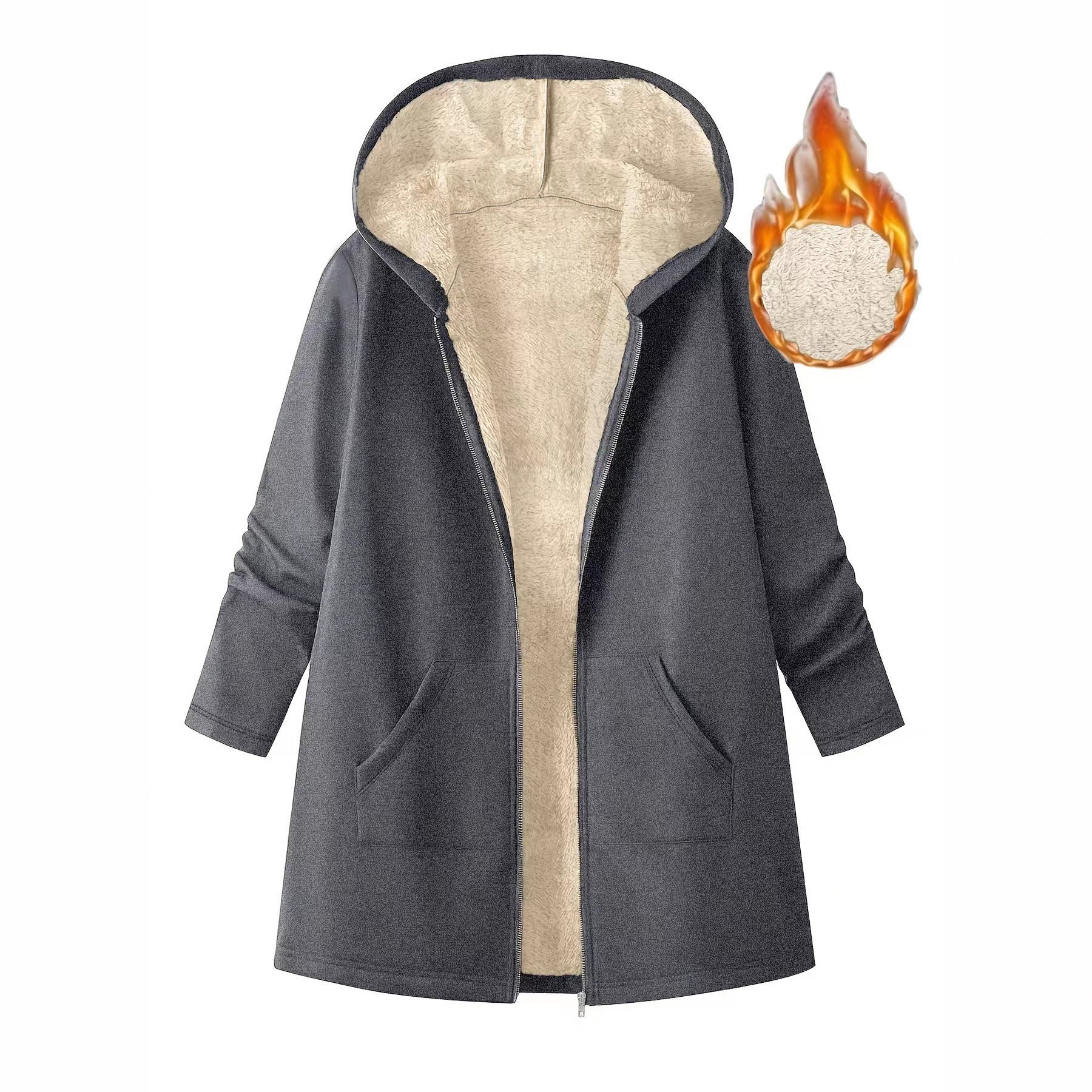 Women's Solid Color Fleece Lined Mid Length Hooded Coat