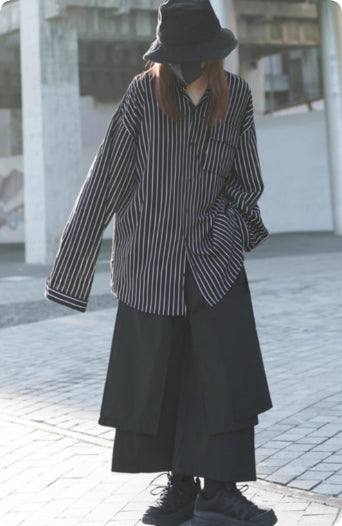 Black And White Striped Loose Long-sleeved Thin Shirt