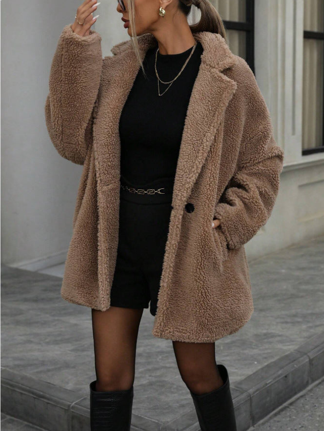 Women's Fluffy Long Sleeve Collar Fleece Top Coat