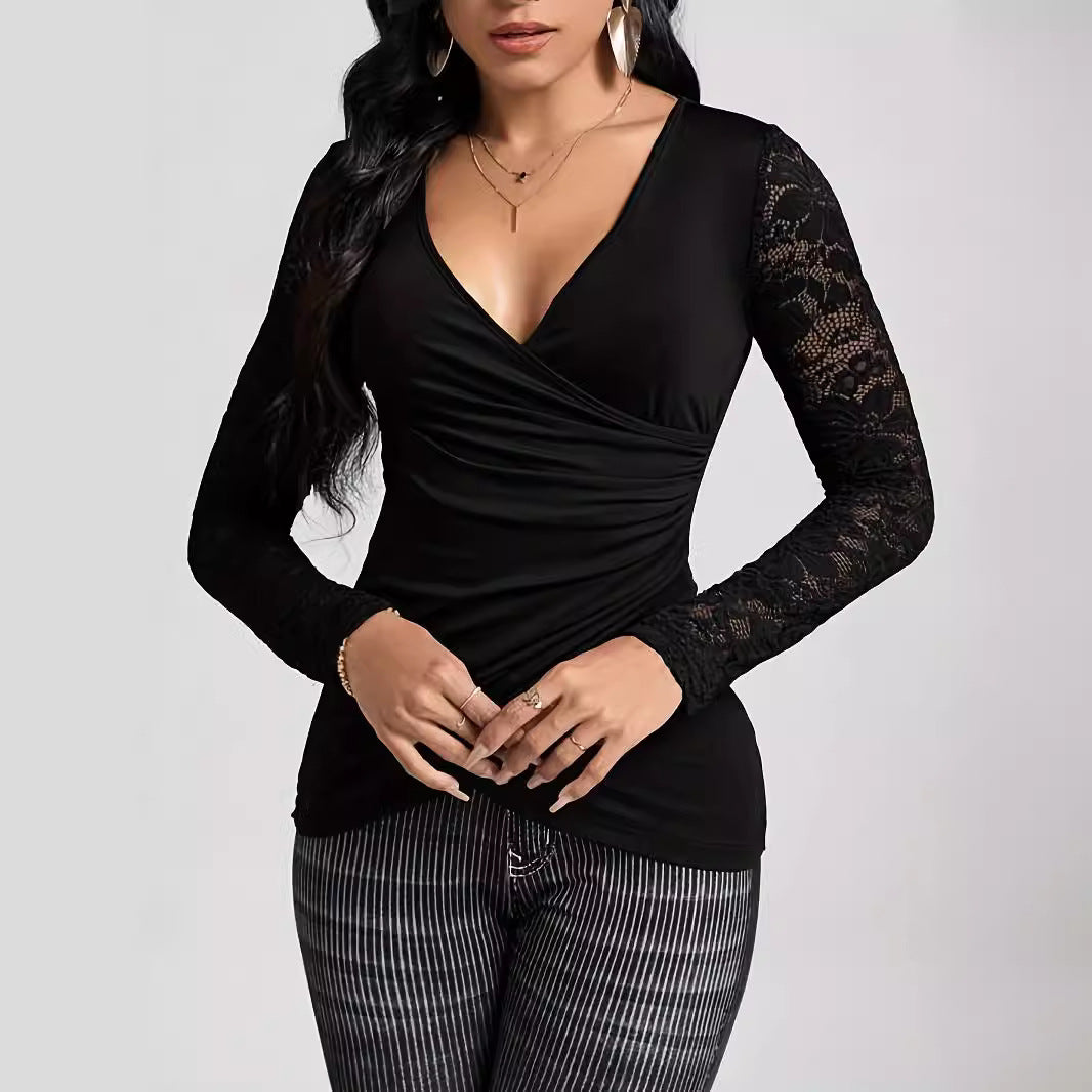 Solid-color Cross-join Lace-sleeve T-shirt