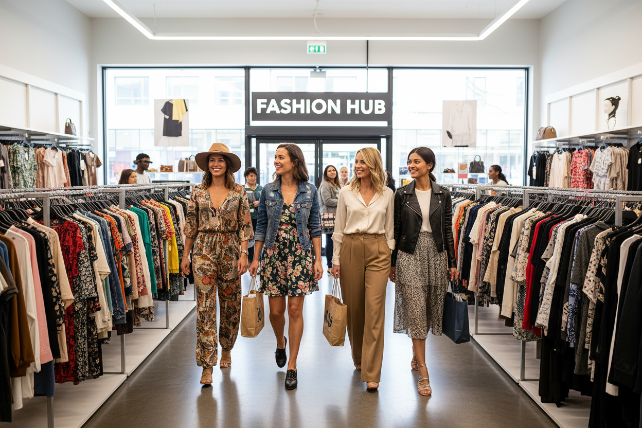 cool smiling ladies 4 in clothing supermarket store 