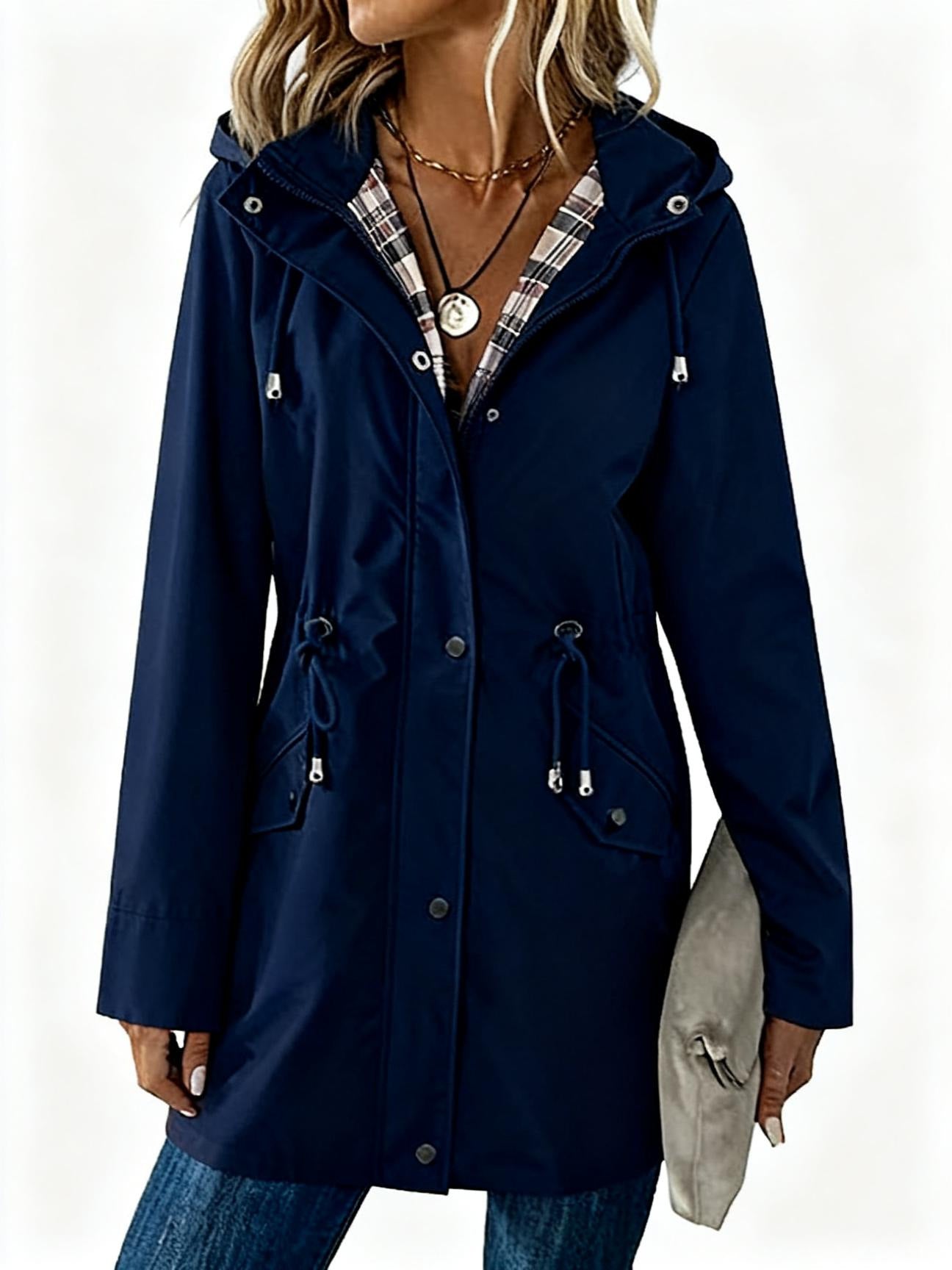Ladies Hooded Drawstring Nipped-waist Plaid Coat