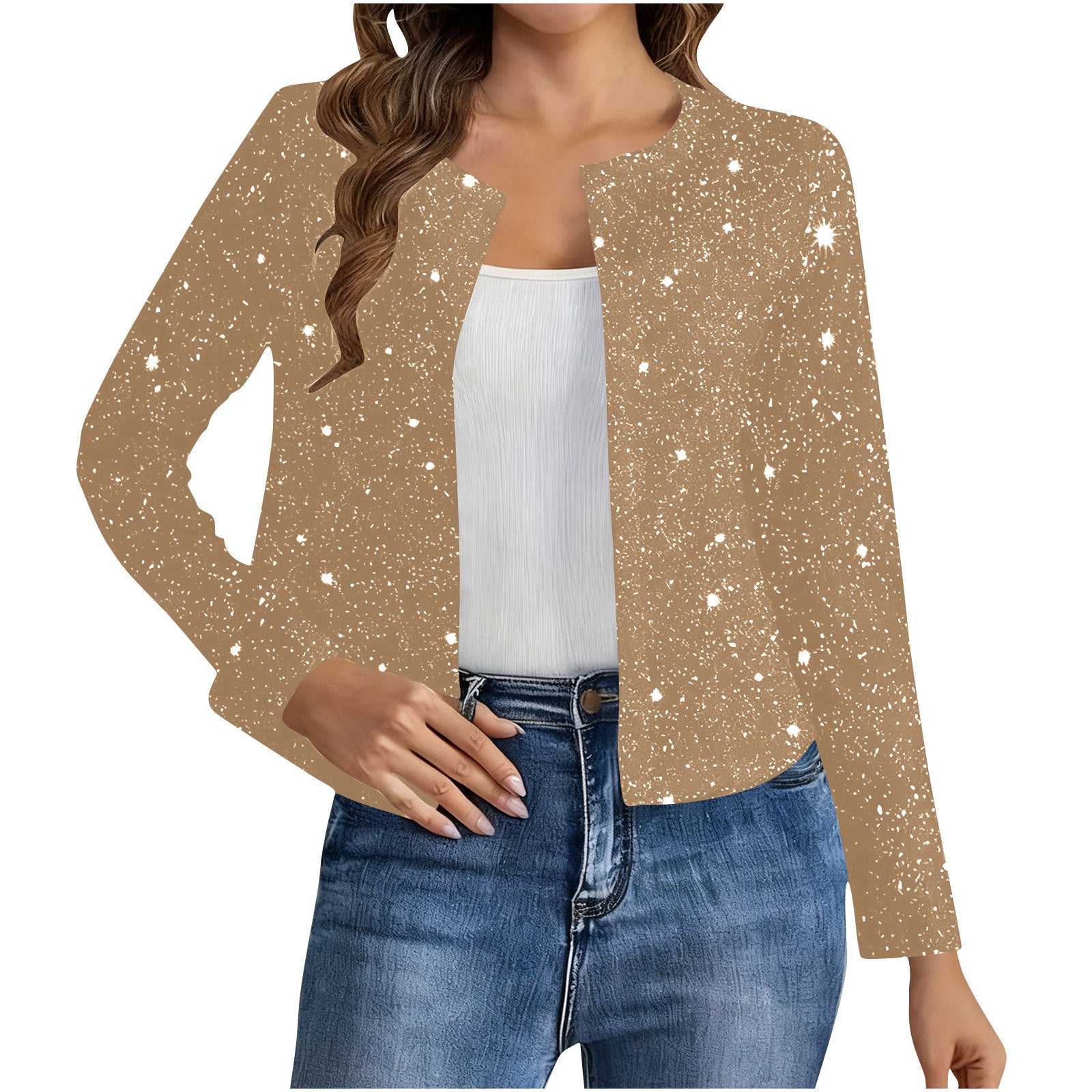 Fashionable Cardigan Long-sleeve Gold-foil Jacket For Women