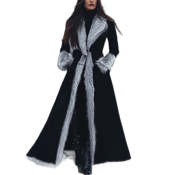 Winter Women's Retro Black Ethnic Style Faux Fur Trim Suede Long Coat