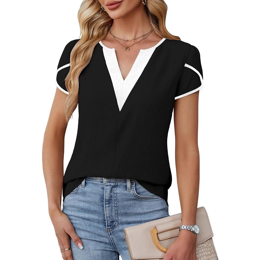 Fashionable Color-Block V-Neck Petal-Shape Short-Sleeve Blouse For Women