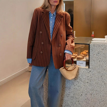 Women's SpringAutumn New Arrival Loose-Fit Retro Striped Blazer Jacket