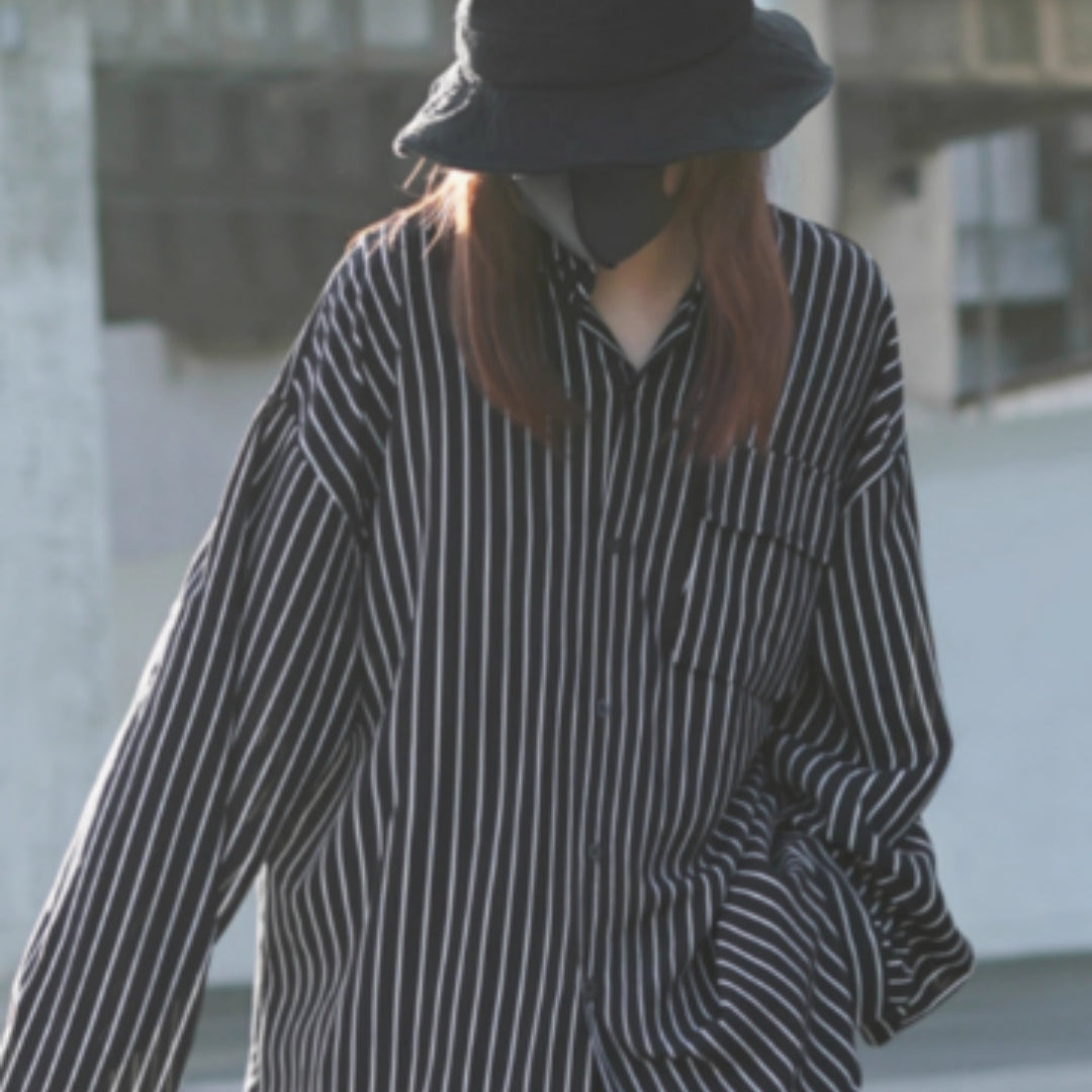 Black And White Striped Loose Long-sleeved Thin Shirt