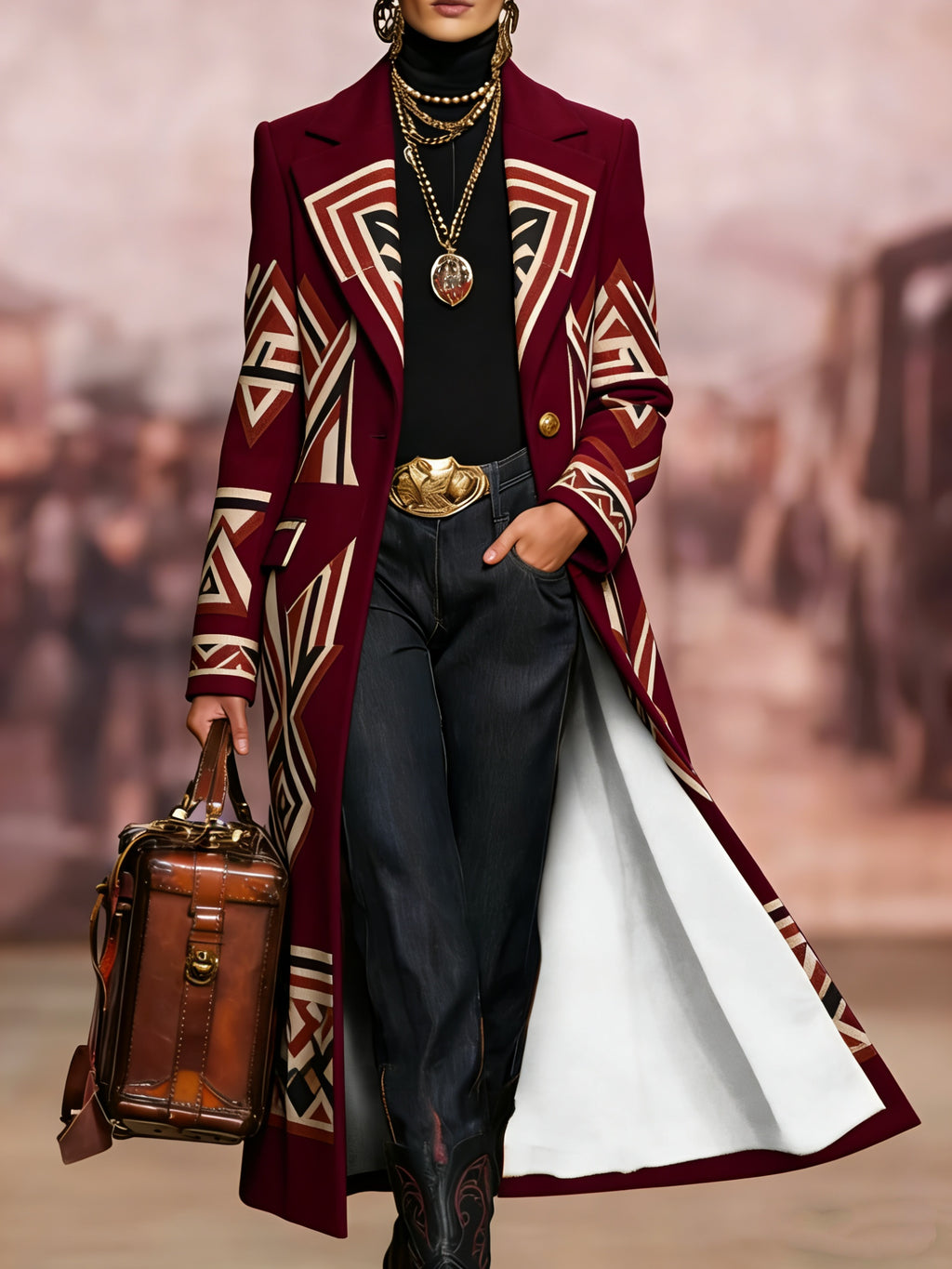 Printed Casual Long Wool Coat