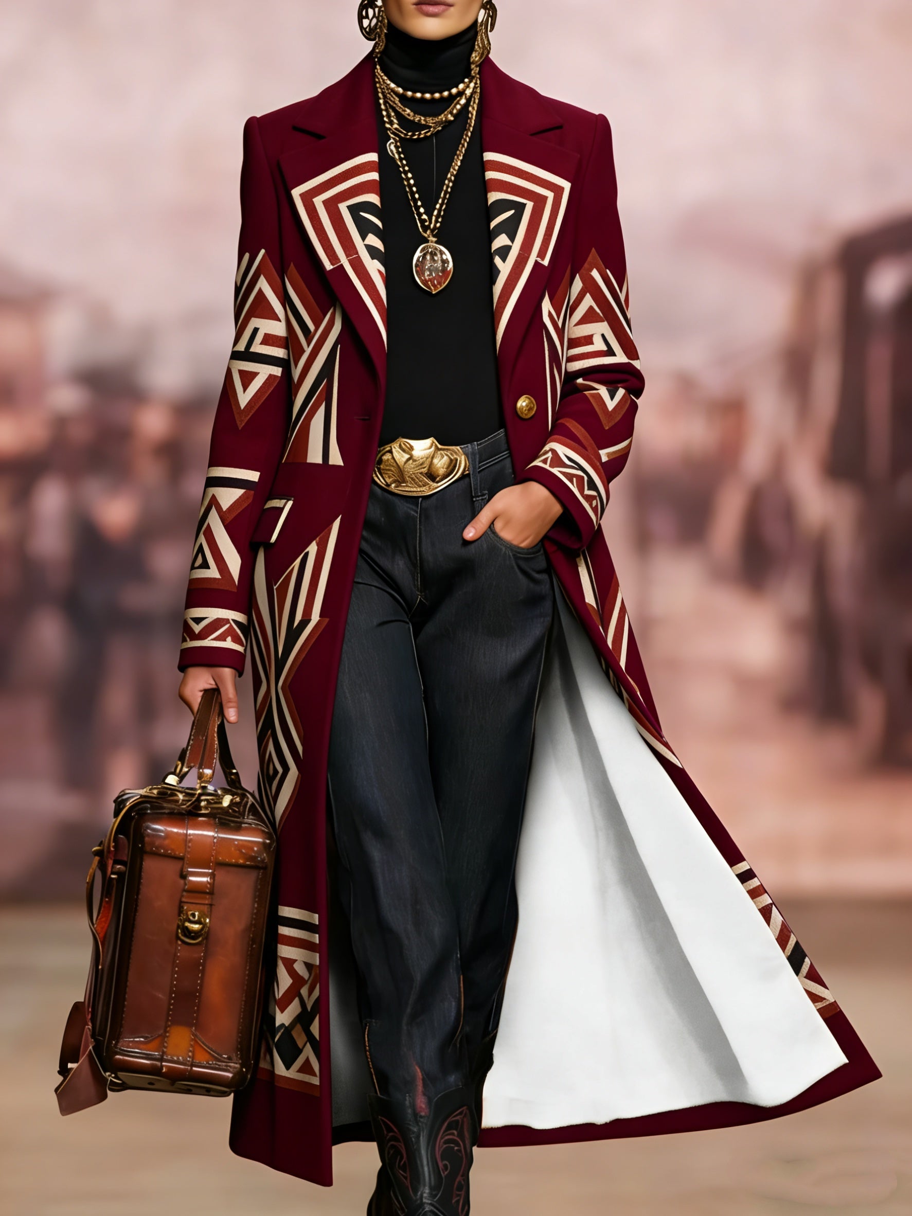 Printed Casual Long Wool Coat